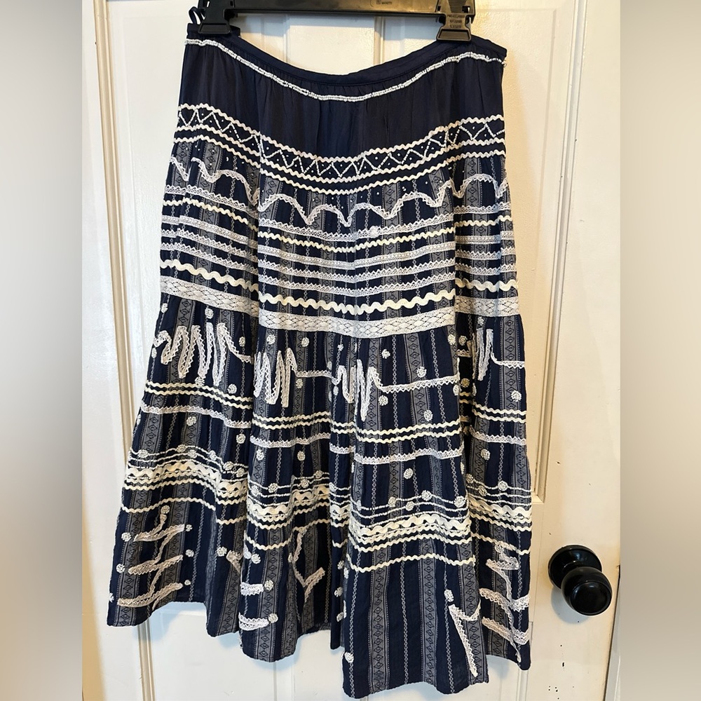 Navy and White Patterned Midi Skirt
